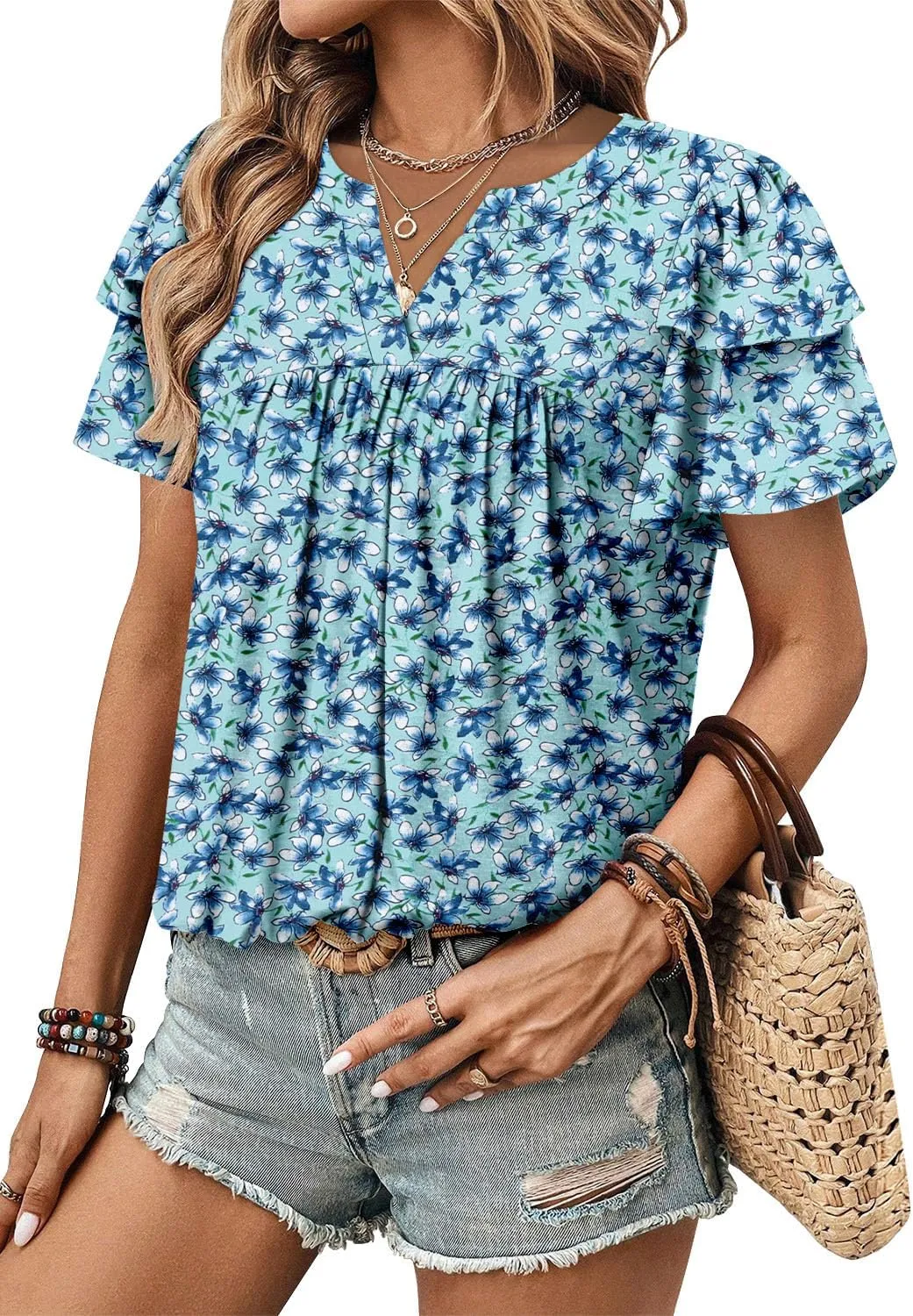 BETTE BOUTIK Womens Crewneck Short Sleeve Summer Tops Pleated Tunic Shirts S-3XL