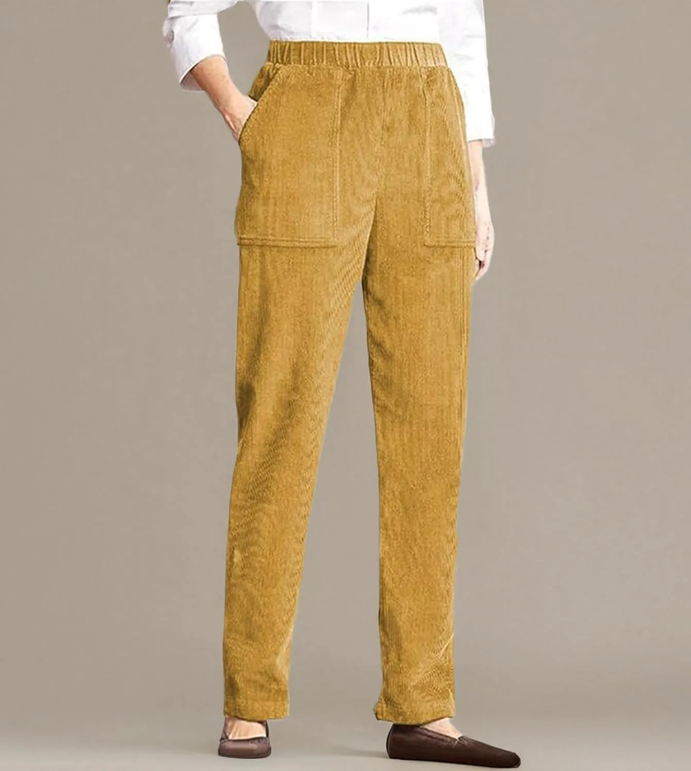 BIRW Corduroy Pants for Women Elastic High Waist Pull On Straight Leg Slacks Casual Trousers with Pocket