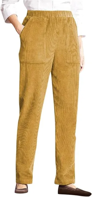 BIRW Corduroy Pants for Women Elastic High Waist Pull On Straight Leg Slacks Casual Trousers with Pocket