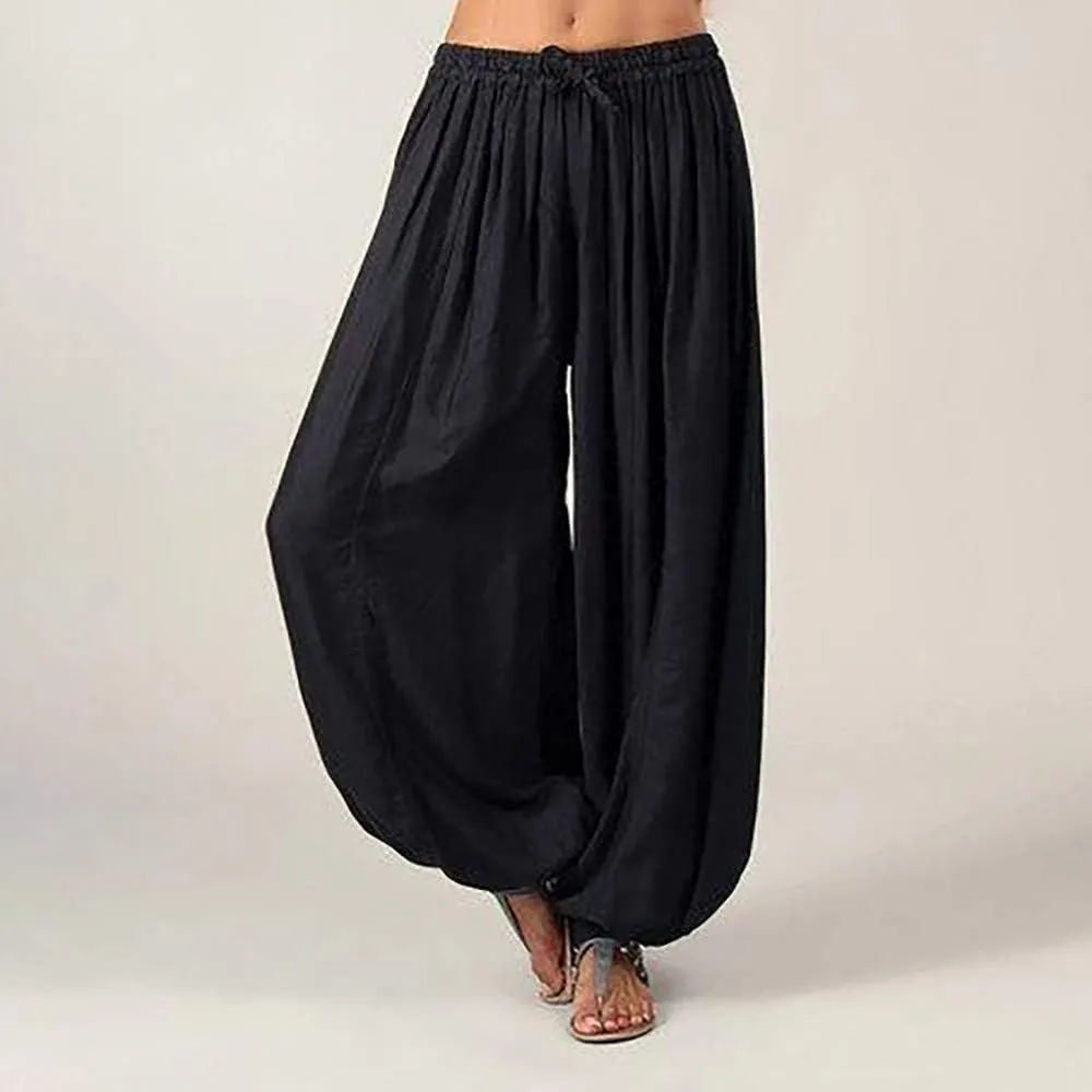 Black Linen Pants Women Casual Summer Baggy Waist Pants with Pockets Solid Sweatpants Palazzo Pants for Women Dance
