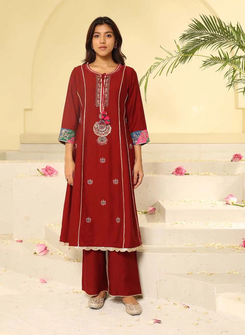 Blood Red Embroidered Kurta Set
