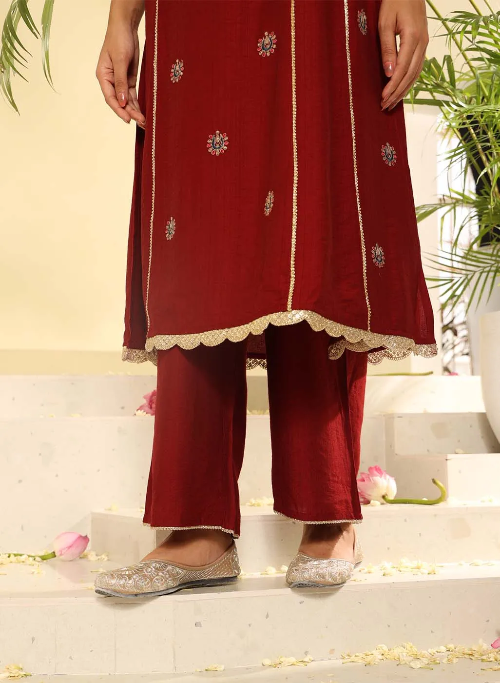 Blood Red Embroidered Kurta Set