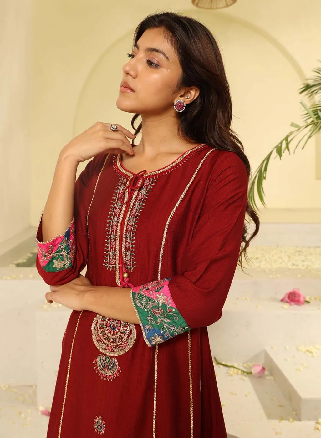 Blood Red Embroidered Kurta Set