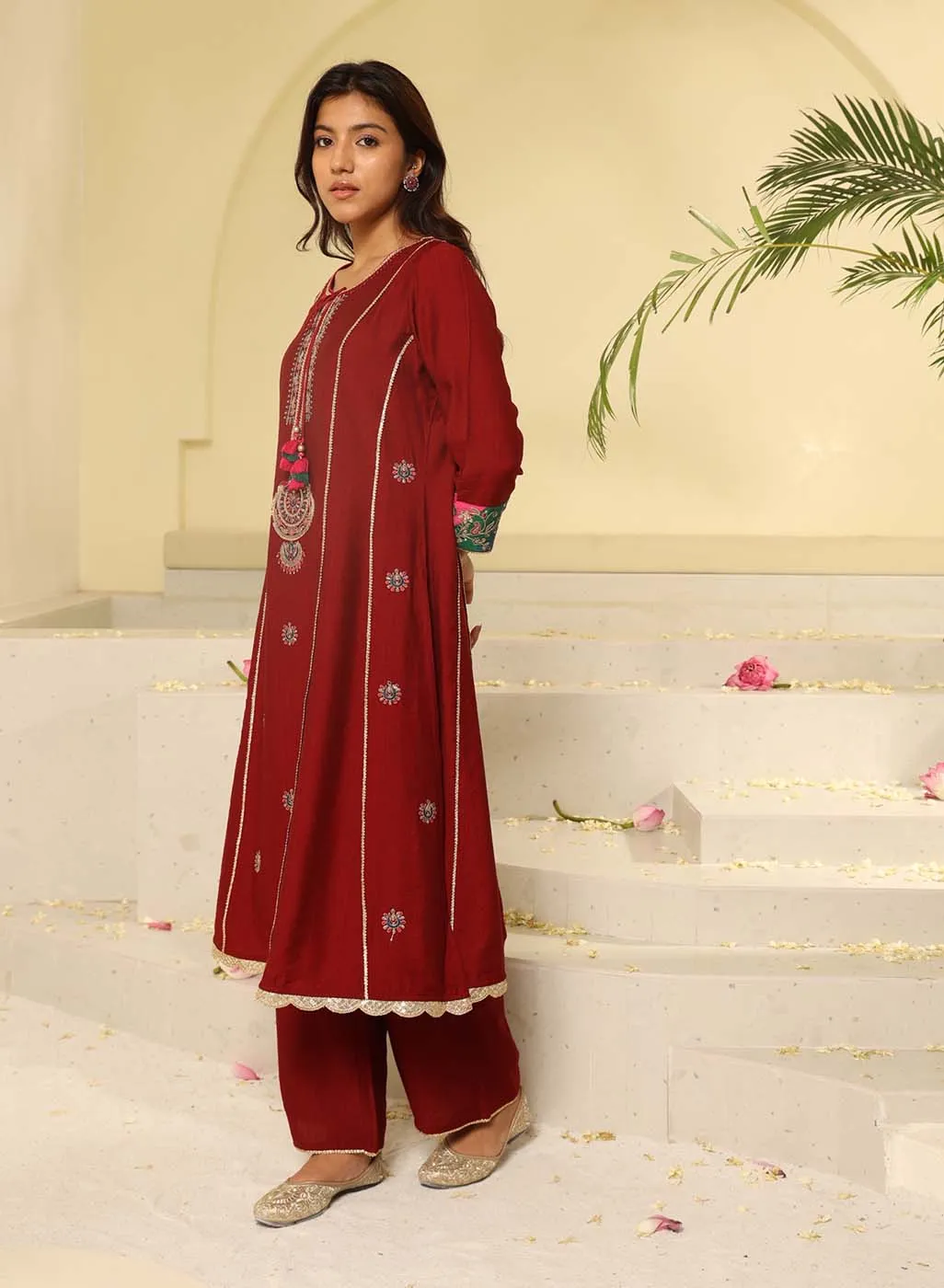 Blood Red Embroidered Kurta Set