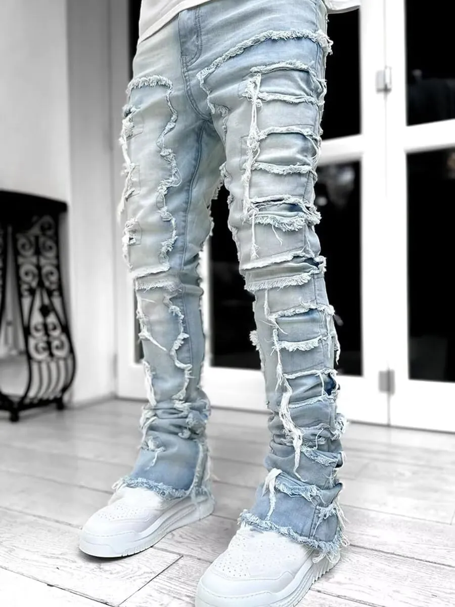 Boy's Stacked Jeans Slim Fit Ripped Skinny Stretch Hip Hop Streetwear Denim Pants