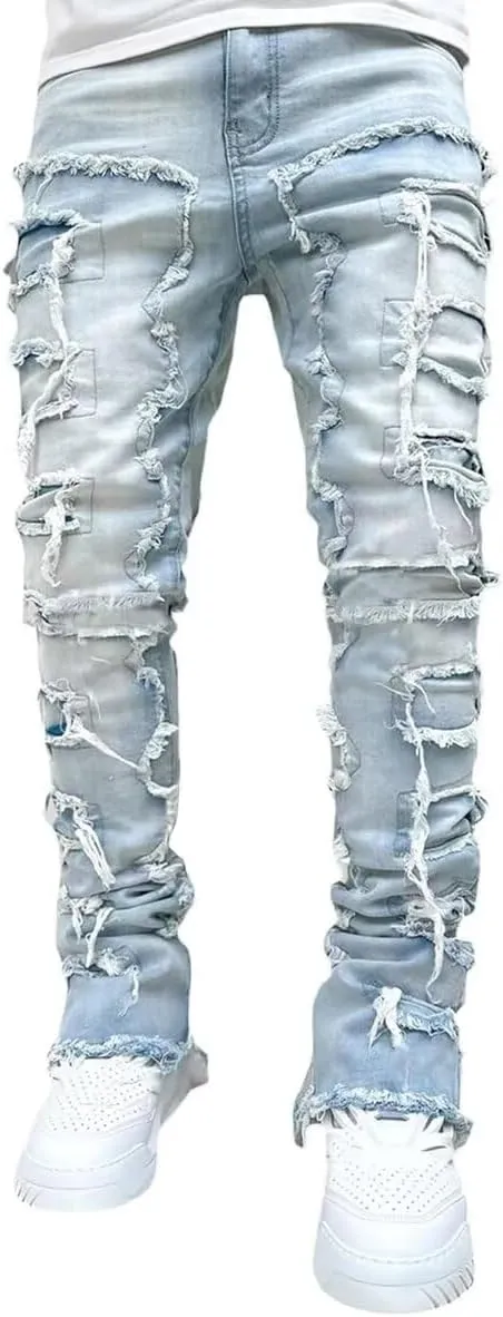 Boy's Stacked Jeans Slim Fit Ripped Skinny Stretch Hip Hop Streetwear Denim Pants