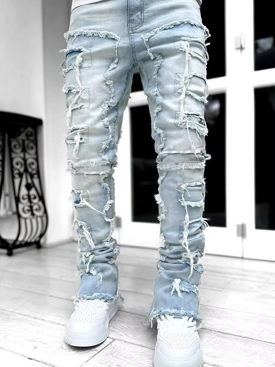 Boy's Stacked Jeans Slim Fit Ripped Skinny Stretch Hip Hop Streetwear Denim Pants