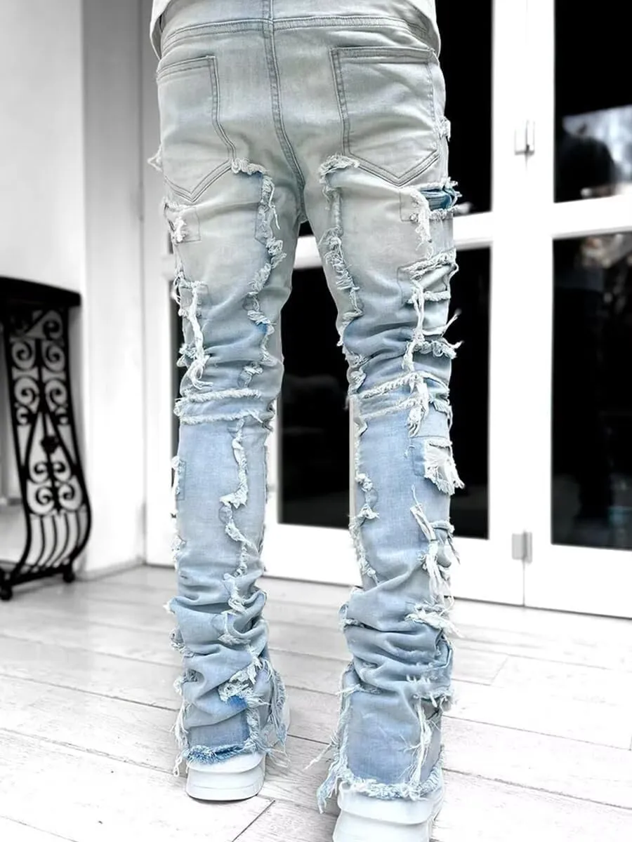 Boy's Stacked Jeans Slim Fit Ripped Skinny Stretch Hip Hop Streetwear Denim Pants
