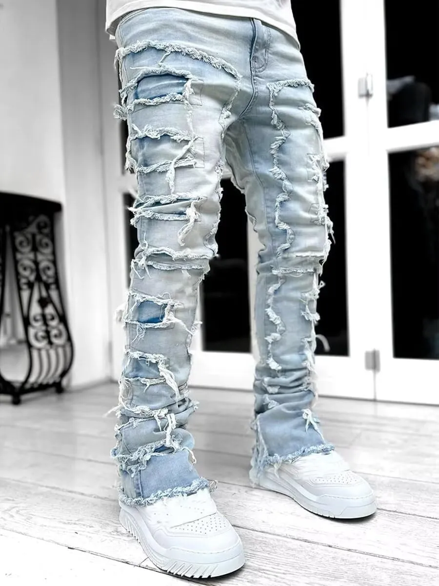 Boy's Stacked Jeans Slim Fit Ripped Skinny Stretch Hip Hop Streetwear Denim Pants