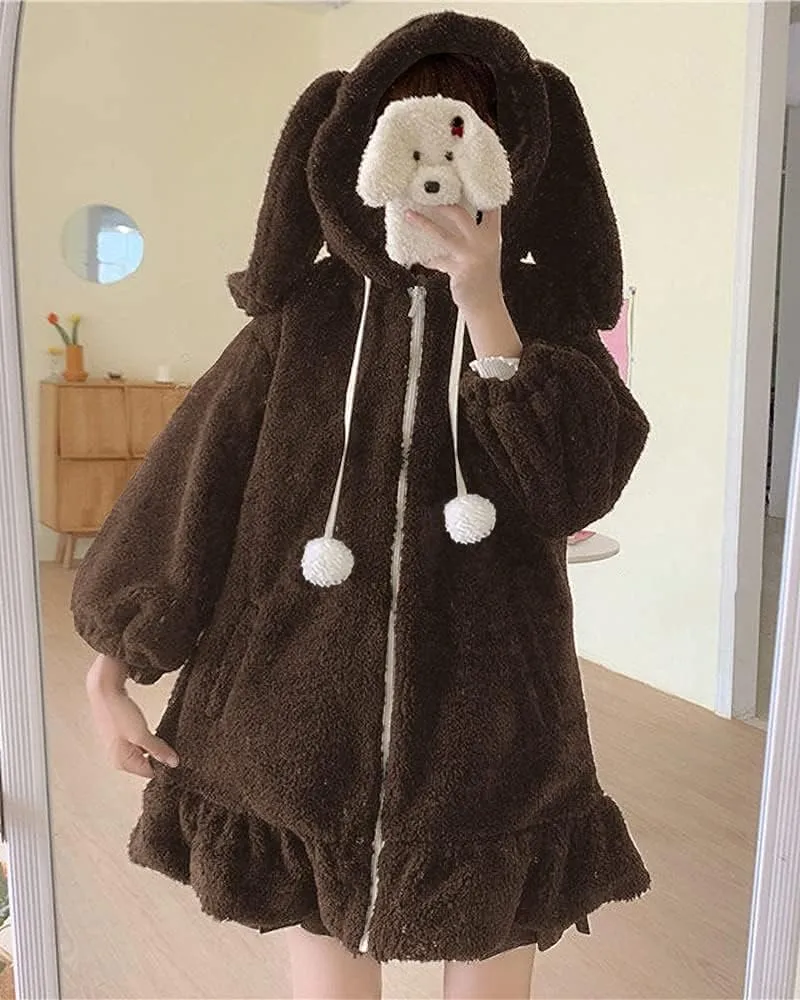 BZB Kawaii Anime Bunny Ear Hoodies For Women Sweet Lovely Fuzzy Fluffy Rabbit Sweater Tops Cosplay Jacket Coats