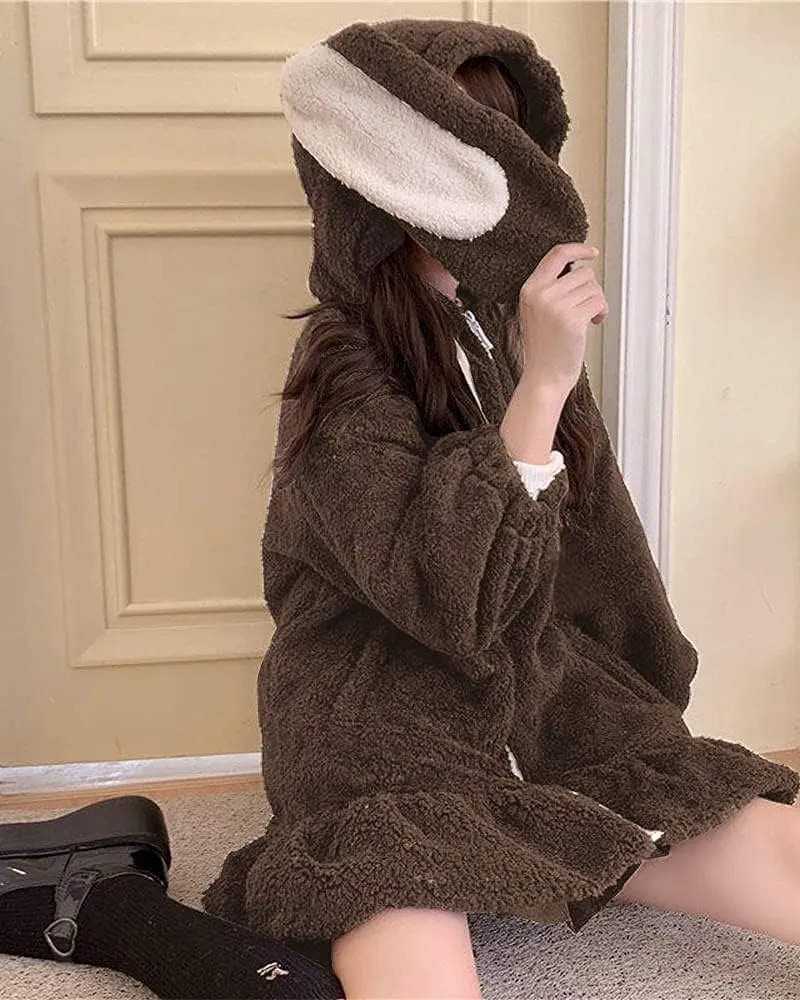 BZB Kawaii Anime Bunny Ear Hoodies For Women Sweet Lovely Fuzzy Fluffy Rabbit Sweater Tops Cosplay Jacket Coats