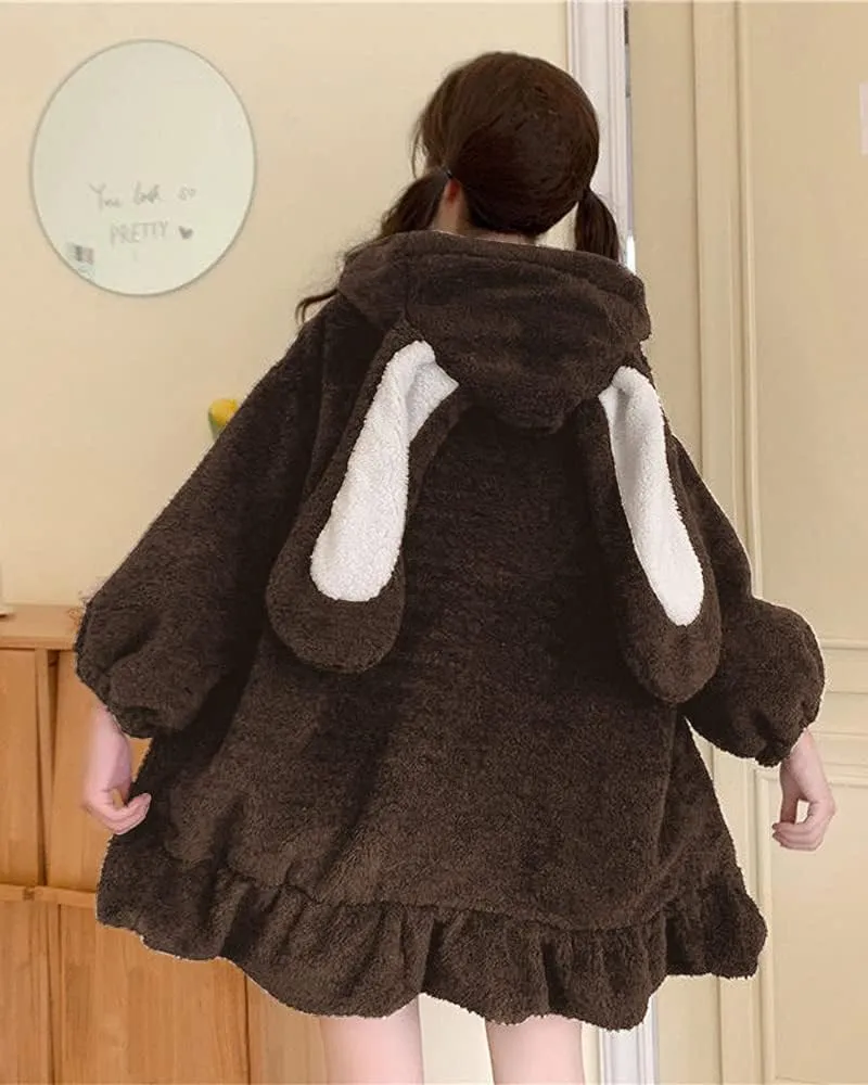 BZB Kawaii Anime Bunny Ear Hoodies For Women Sweet Lovely Fuzzy Fluffy Rabbit Sweater Tops Cosplay Jacket Coats