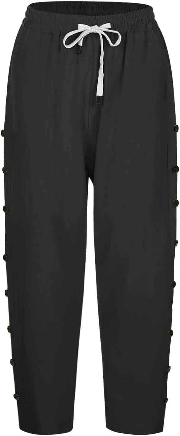 Capri Linen Pants Women Casual Summer Drawstring Elastic High Waist Linen Pant Straight Wide Leg Cropped