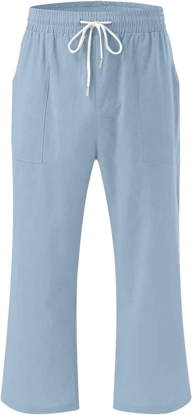 Capris Pants for Women Summer Casual Cropped Cotton Linen Pants Comfy Drawstring Elastic Waist Loose Straight Leg Trousers