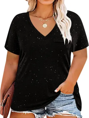 CARCOS Womens Plus Size Tops Basic Summer Shirts Short Sleeve V Neck Tunics Casual T-Shirt Loose Fits XL-5XL