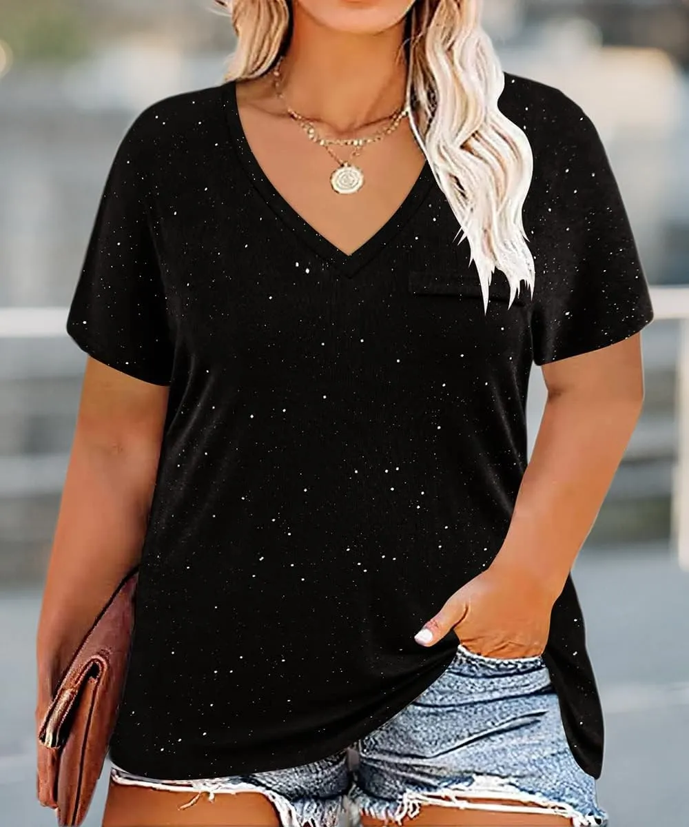 CARCOS Womens Plus Size Tops Basic Summer Shirts Short Sleeve V Neck Tunics Casual T-Shirt Loose Fits XL-5XL