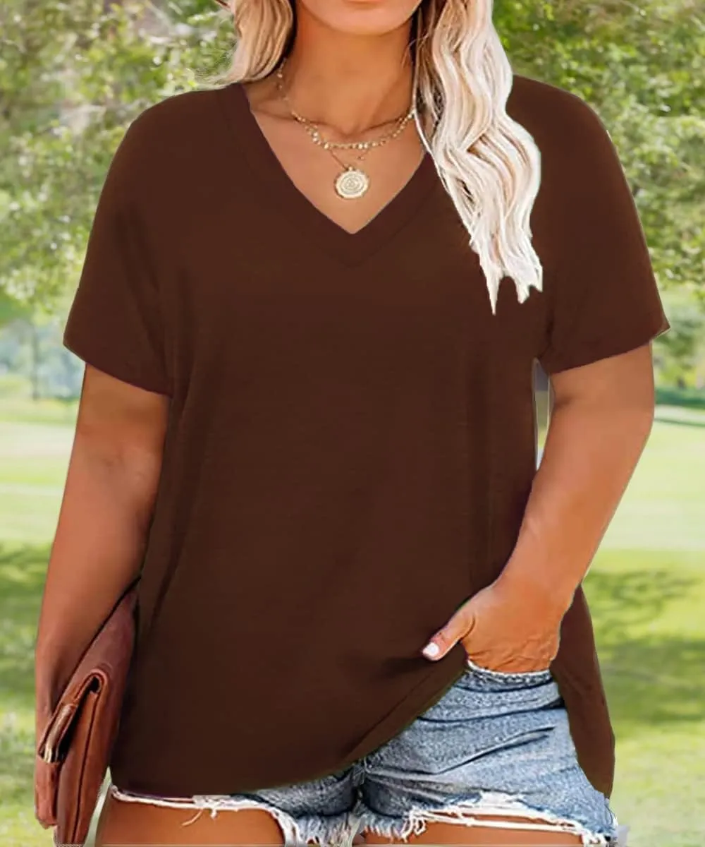CARCOS Womens Plus Size Tops Basic Summer Shirts Short Sleeve V Neck Tunics Casual T-Shirt Loose Fits XL-5XL