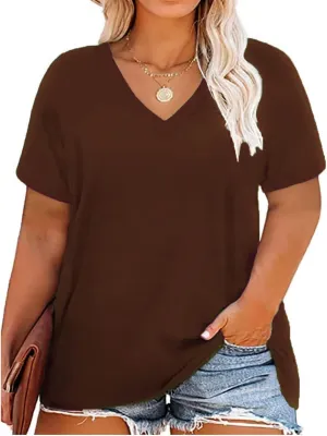 CARCOS Womens Plus Size Tops Basic Summer Shirts Short Sleeve V Neck Tunics Casual T-Shirt Loose Fits XL-5XL