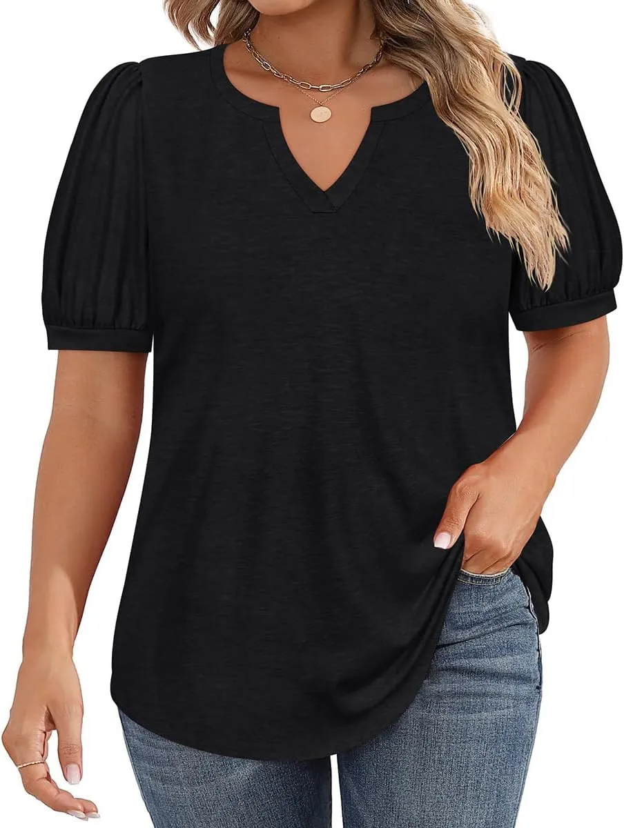 CARCOS Womens Plus Size Tops Puff Short Sleeve V Neck Shirts Solid/Floral Summer Tshirt Casual Blouse Loose fit Tunics XL-5XL