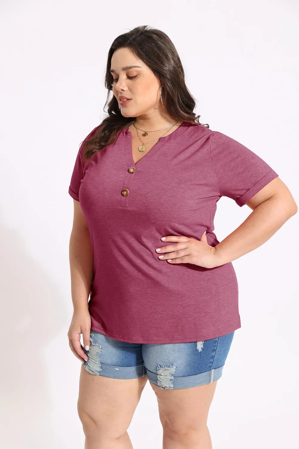 CARCOS Womens Plus Size Tops Puff Short Sleeve V Neck Shirts Solid/Floral Summer Tshirt Casual Blouse Loose fit Tunics XL-5XL