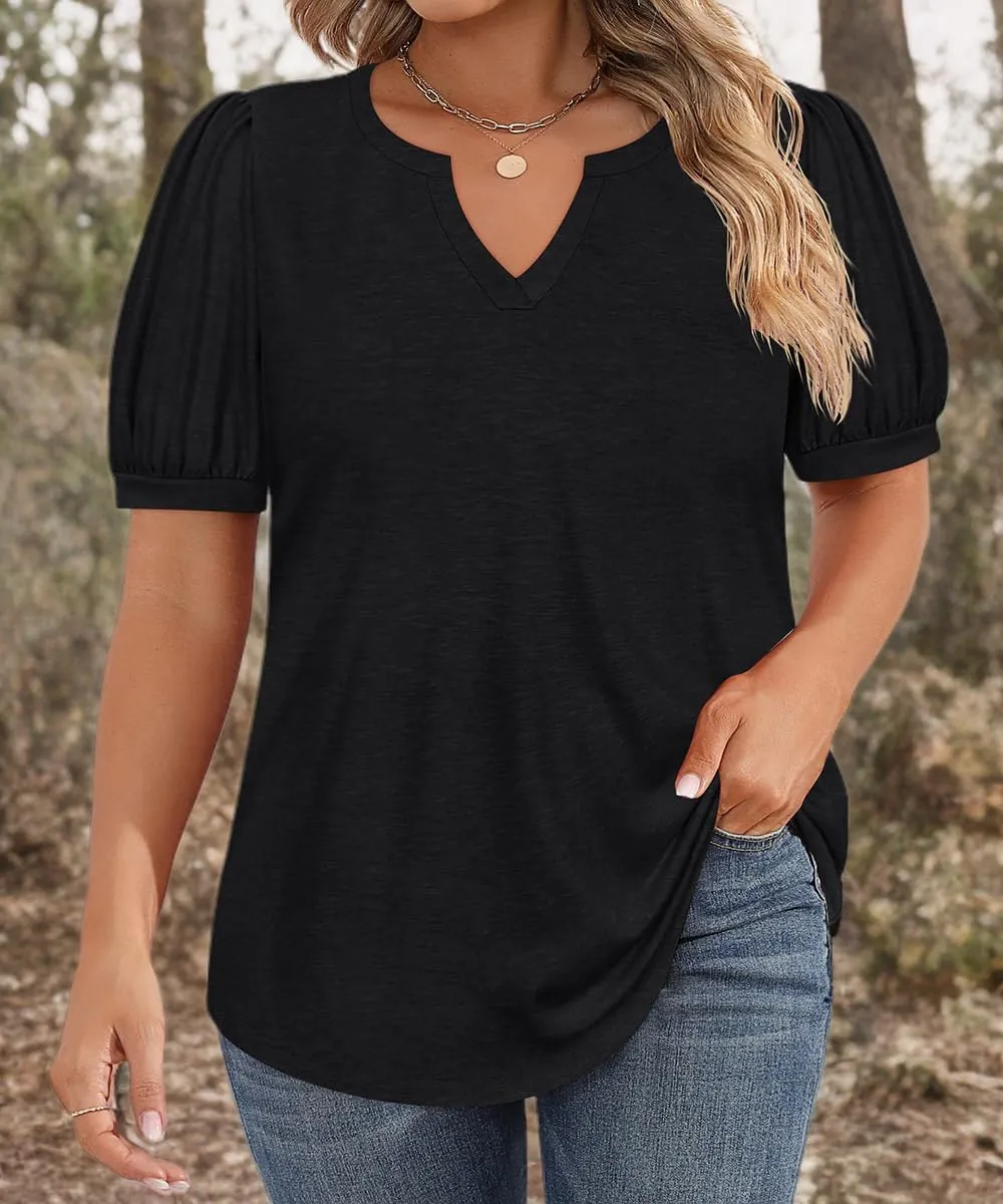 CARCOS Womens Plus Size Tops Puff Short Sleeve V Neck Shirts Solid/Floral Summer Tshirt Casual Blouse Loose fit Tunics XL-5XL