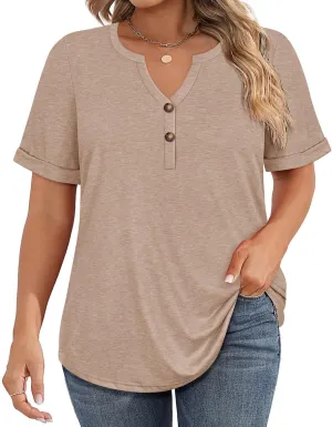 CARCOS Womens Plus Size Tops Puff Short Sleeve V Neck Shirts Solid/Floral Summer Tshirt Casual Blouse Loose fit Tunics XL-5XL