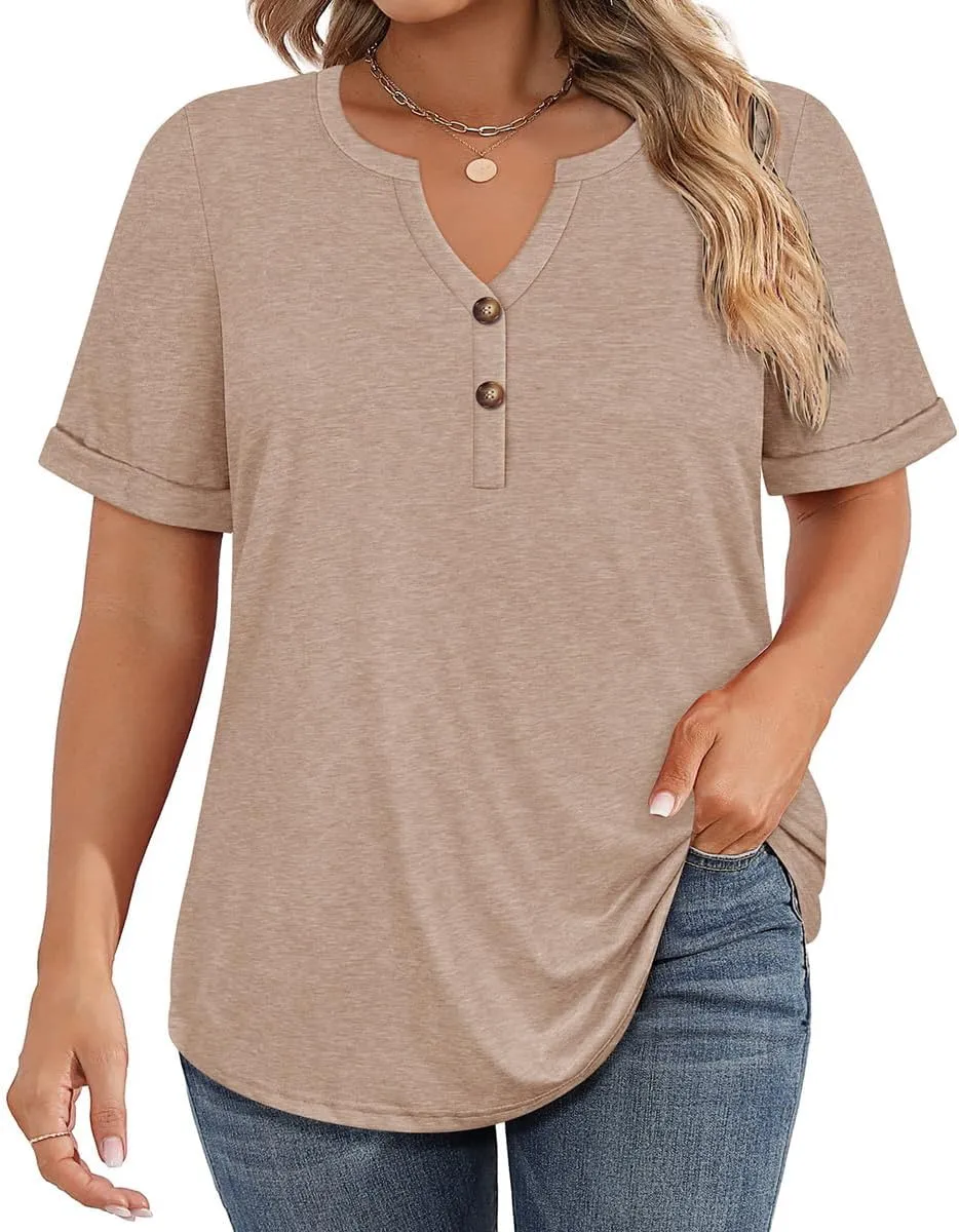CARCOS Womens Plus Size Tops Puff Short Sleeve V Neck Shirts Solid/Floral Summer Tshirt Casual Blouse Loose fit Tunics XL-5XL
