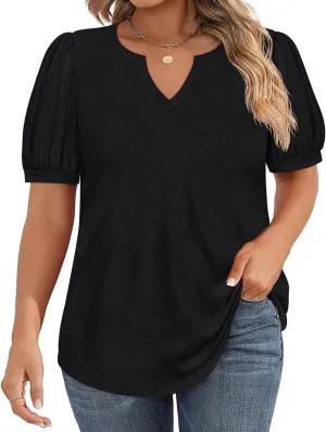 CARCOS Womens Plus Size Tops Puff Short Sleeve V Neck Shirts Solid/Floral Summer Tshirt Casual Blouse Loose fit Tunics XL-5XL