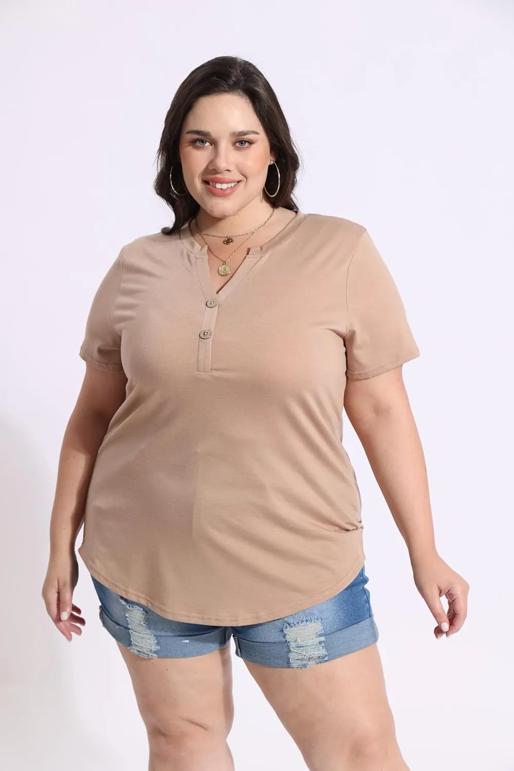 CARCOS Womens Plus Size Tops Puff Short Sleeve V Neck Shirts Solid/Floral Summer Tshirt Casual Blouse Loose fit Tunics XL-5XL