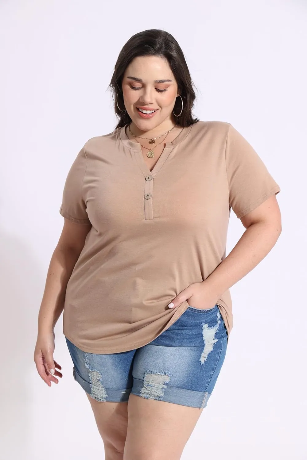 CARCOS Womens Plus Size Tops Puff Short Sleeve V Neck Shirts Solid/Floral Summer Tshirt Casual Blouse Loose fit Tunics XL-5XL