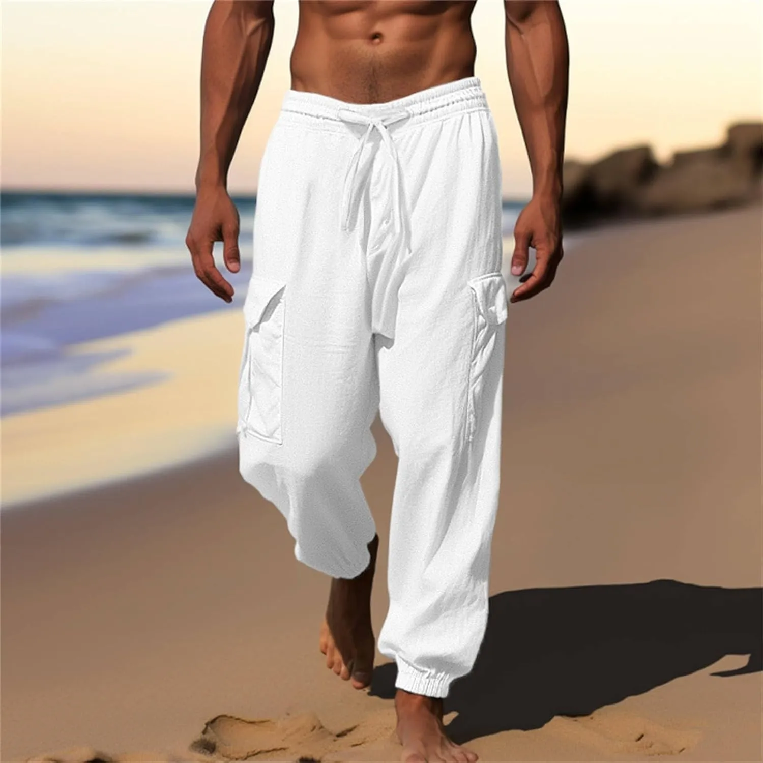 Casual Baggy Linen Harem Pants for Men Solid Elastic Waist Drawstring Joggers Flap Pockets Yoga Hippie Beach Lounge Trousers