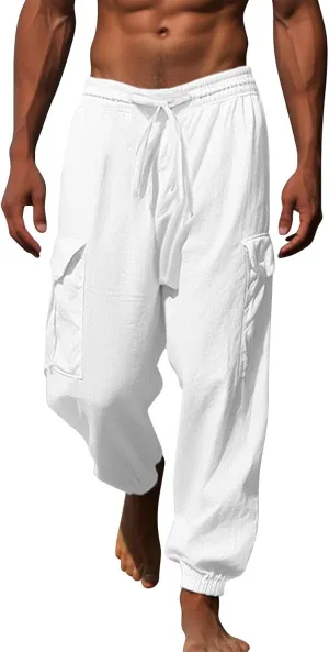Casual Baggy Linen Harem Pants for Men Solid Elastic Waist Drawstring Joggers Flap Pockets Yoga Hippie Beach Lounge Trousers