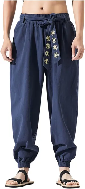 Casual Cotton Linen Harem Pants for Mens Loose Fit Elastic Drawstring Waist Trousers Sports Jogger Yoga Long Pant