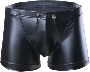 CHICTRY Men's Black Leather Underwear Tight Boxer Briefs Wetlook Swim Shorts with Buckled Pouch