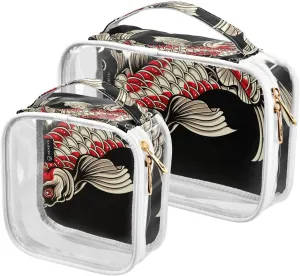 Classic-style-koi-fish Print 2 Pack Clear Toiletry Bag Women Men, Portable Waterproof Clear Pouch, Cosmetic Bag with Double Zippers Large Opening Traveling with Handle for Bathroom Traveling Vacation