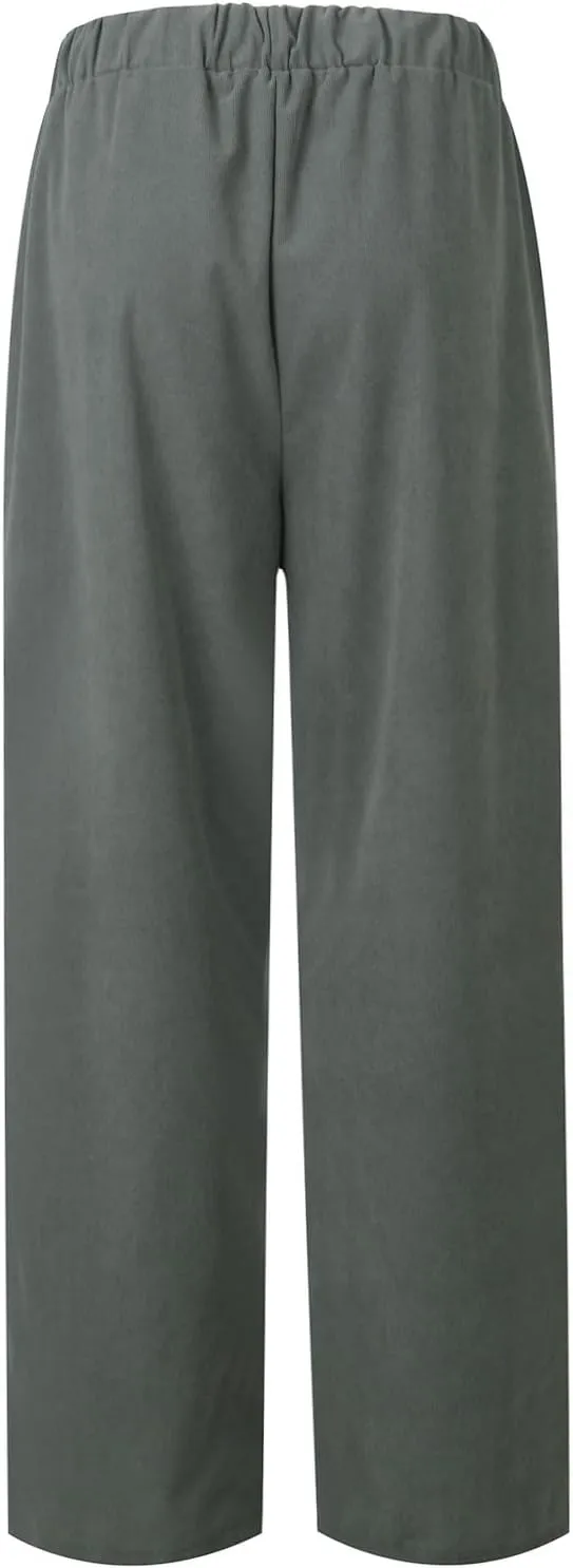 Corduroy Pants Women Casual Elastic High Waist Petite Pants Straight Leg Pants Loose Comfy Trousers with Pockets