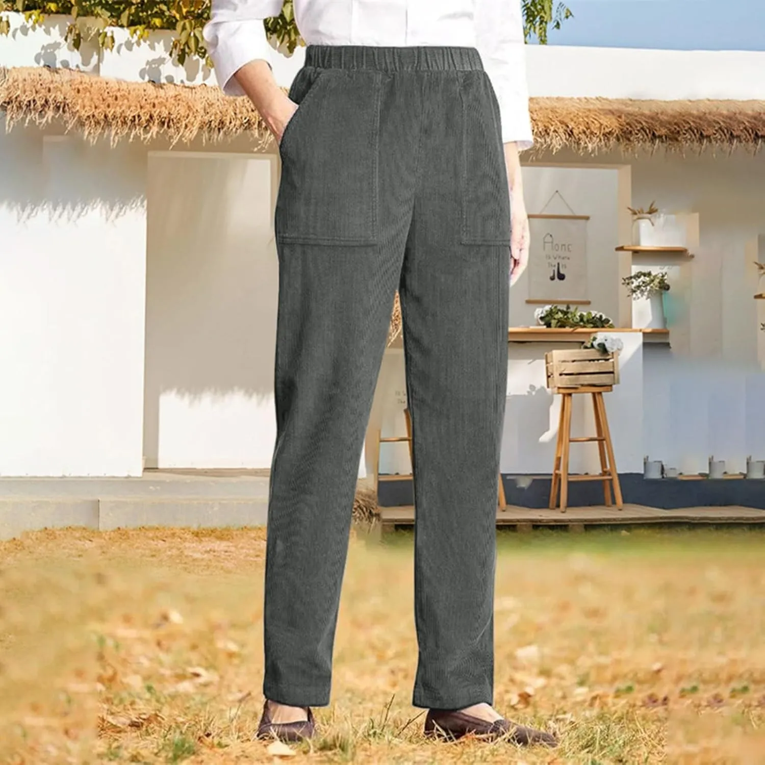Corduroy Pants Women Casual Elastic High Waist Petite Pants Straight Leg Pants Loose Comfy Trousers with Pockets
