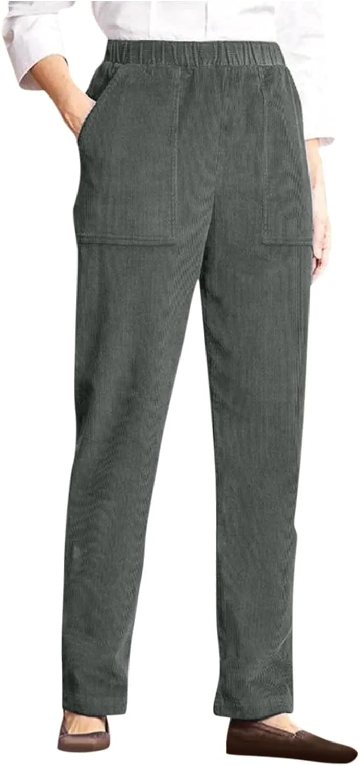 Corduroy Pants Women Casual Elastic High Waist Petite Pants Straight Leg Pants Loose Comfy Trousers with Pockets