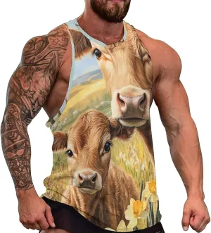 Cow Mama And Little Men's Activewear Tank Tops Gym Sleeveless Muscle T Shirts Workout Tees Vest