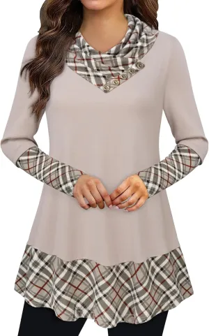 Cowl Neck Tunics Long Sleeve Patchwork Form Fitting Casual A-Line Top Blouse