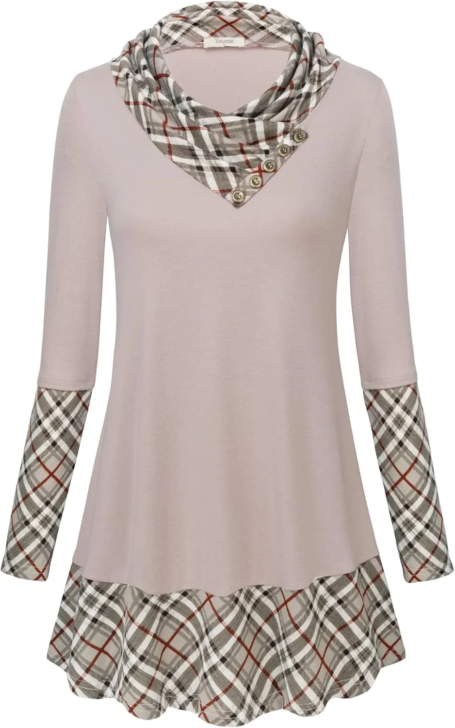 Cowl Neck Tunics Long Sleeve Patchwork Form Fitting Casual A-Line Top Blouse
