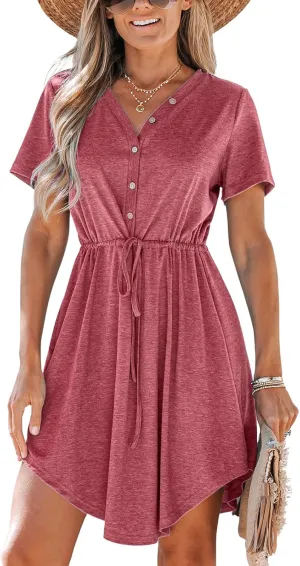 CUPSHE Women Summer Dresses Drawstring Button Front Short Sleeve V Neck Mini Dress Short Sleeve Sundress