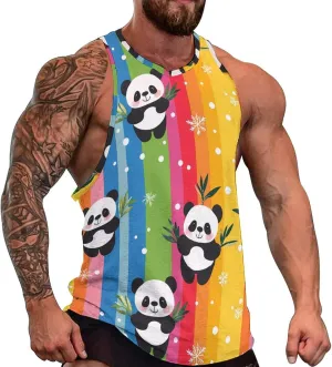 Cute Panda Rainbow Strip Men's Activewear Tank Tops Gym Sleeveless Muscle T Shirts Workout Tees Vest