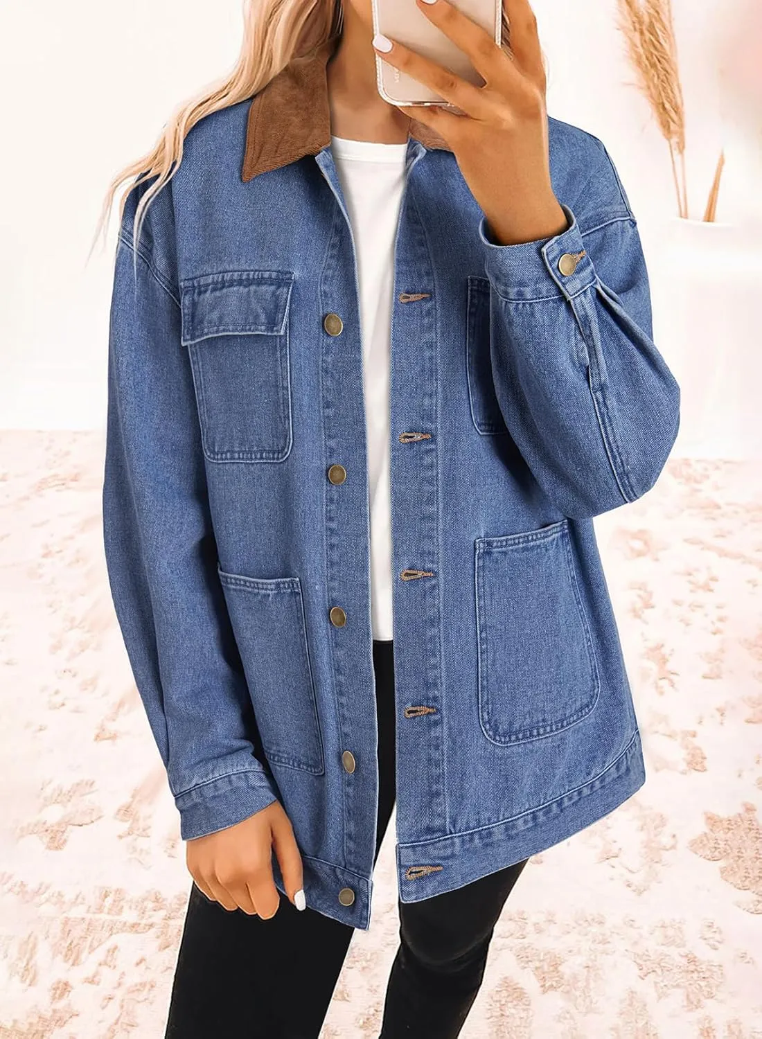 Dokotoo Women's Denim Jacket Oversized Contrast Collar Jean Jackets 2025 Spring Outfits Vintage Long Sleeve Shirts