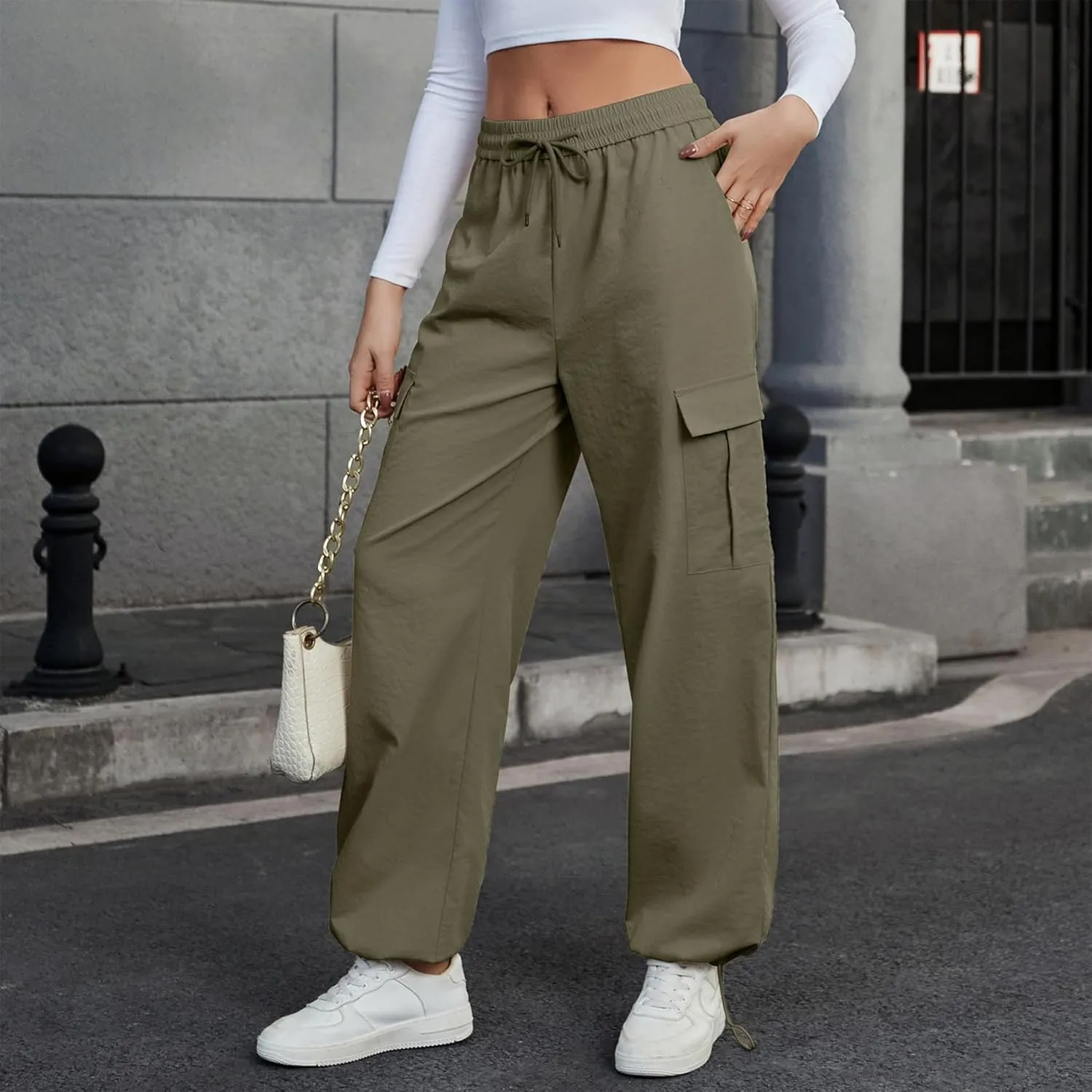 Durio Cargo Pants for Women High Waisted Womens Cargo Pants Adjustable Wide Leg Parachute Pants Y2K Womens Fashion