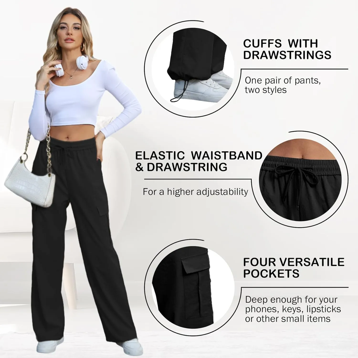 Durio Cargo Pants for Women High Waisted Womens Cargo Pants Adjustable Wide Leg Parachute Pants Y2K Womens Fashion