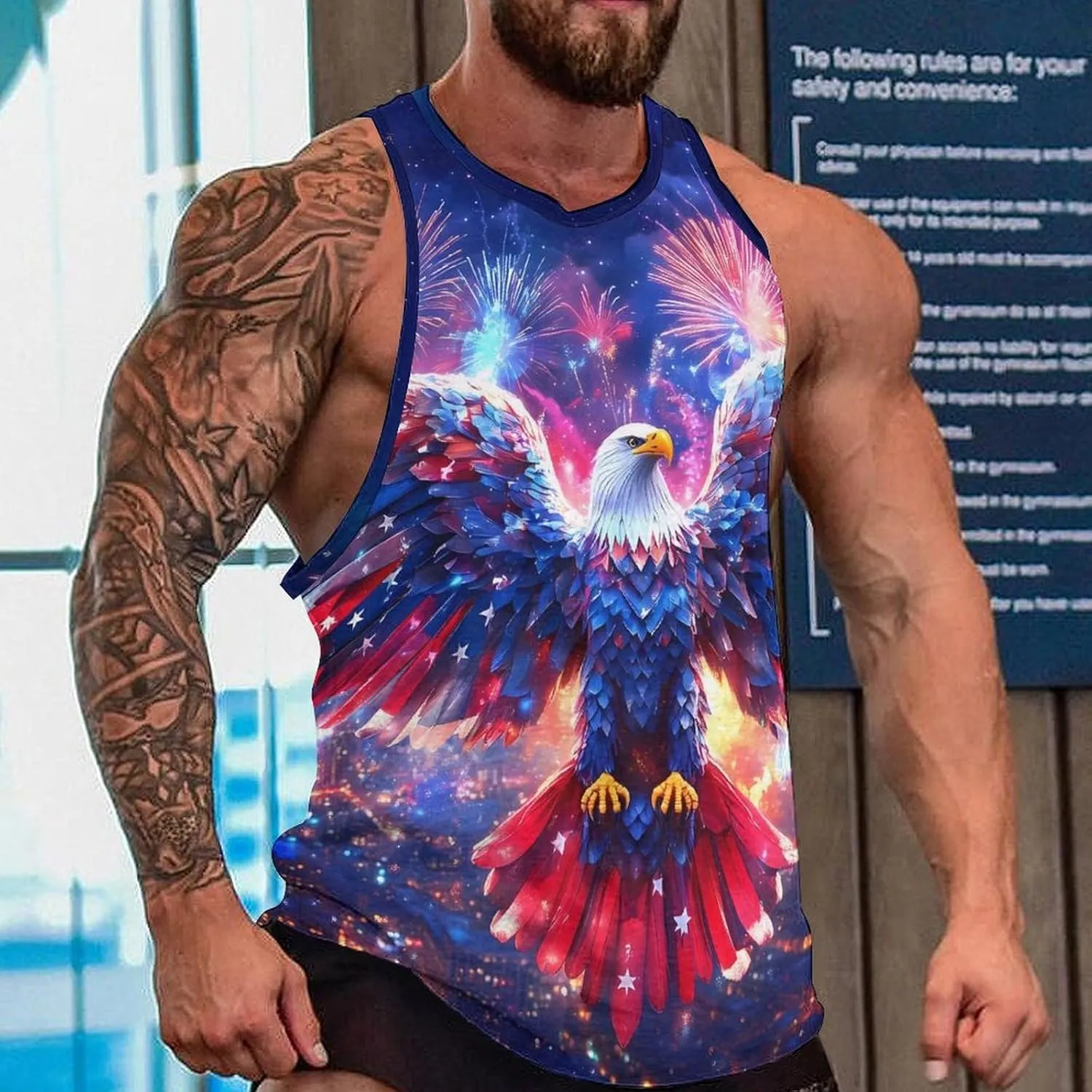 Ea-gles Firework U.S. Flag Men's Activewear Tank Tops Gym Sleeveless Muscle T Shirts Workout Tees Vest
