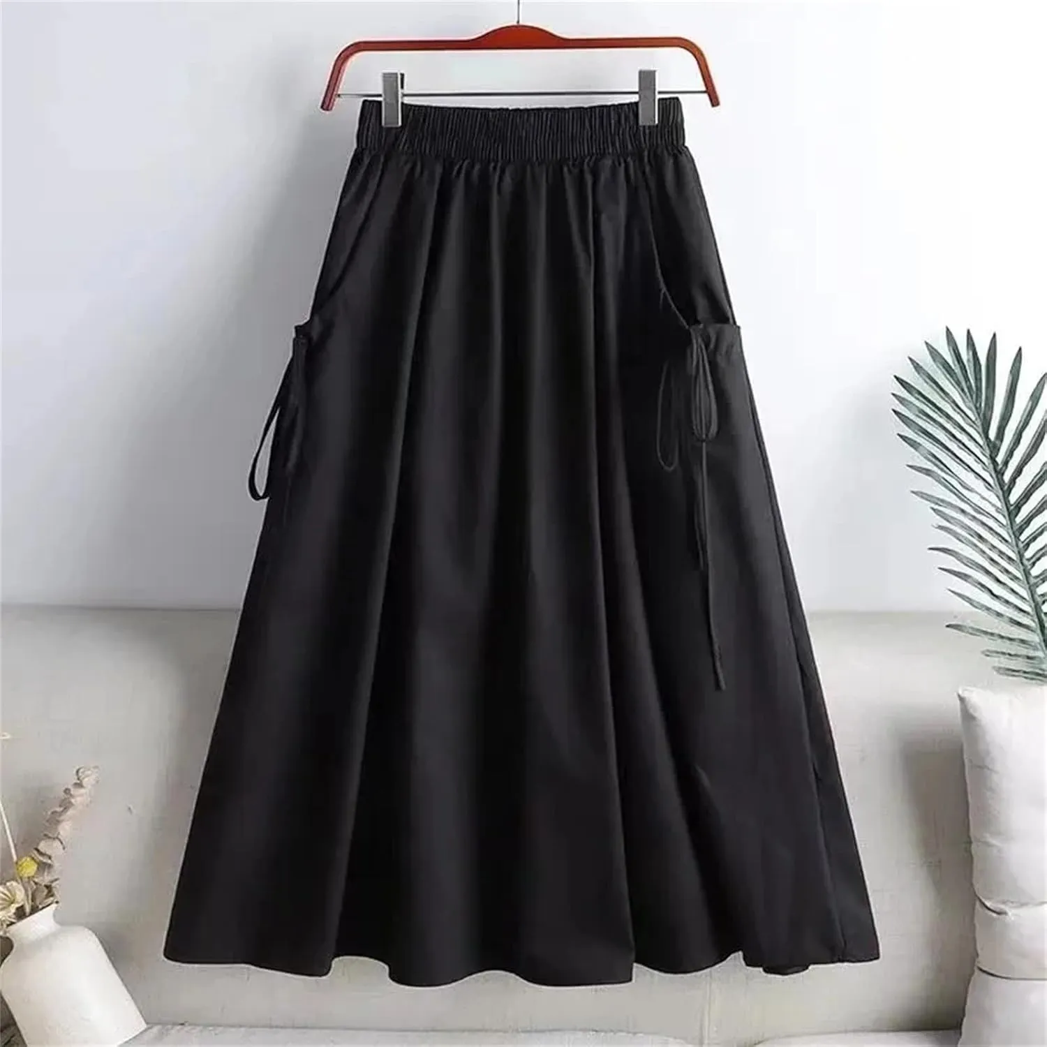 Elastic High Waist A Line Skirts for Women, Vintage Pleated Long Skirts, Loose Midi Summer Style for Females