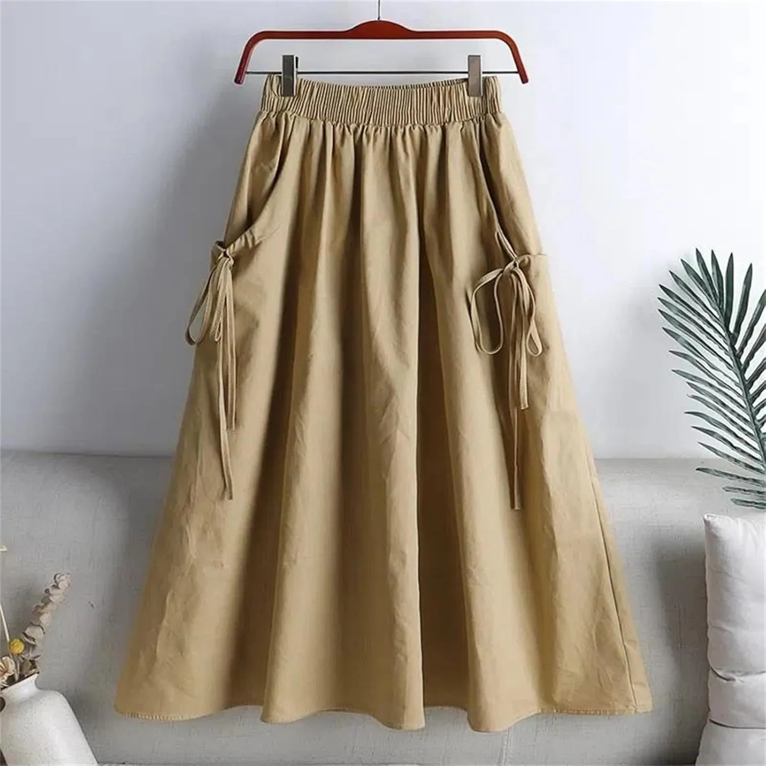 Elastic High Waist A Line Skirts for Women, Vintage Pleated Long Skirts, Loose Midi Summer Style for Females