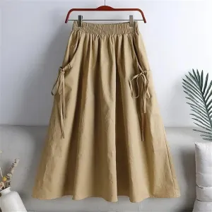 Elastic High Waist A Line Skirts for Women, Vintage Pleated Long Skirts, Loose Midi Summer Style for Females